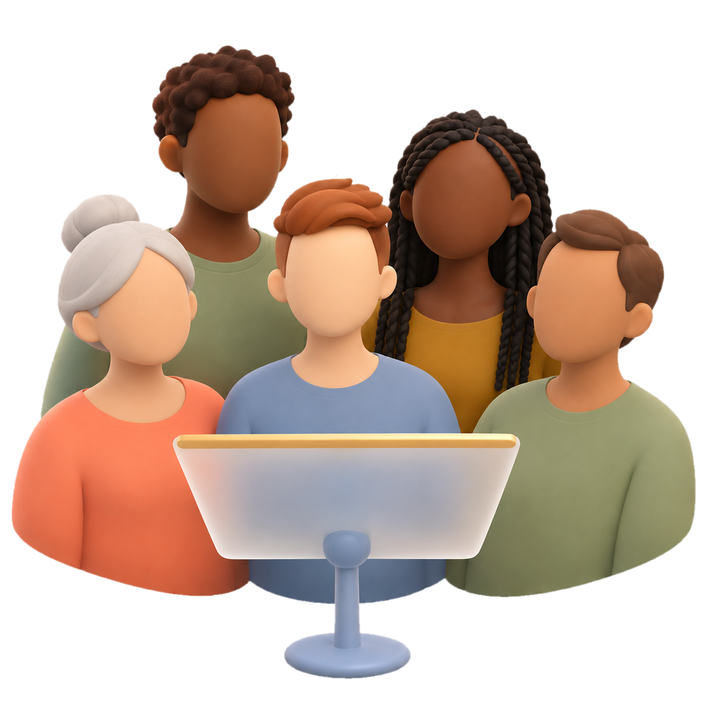 Cinq choristes en demi-cercle autour d'un lutrin.