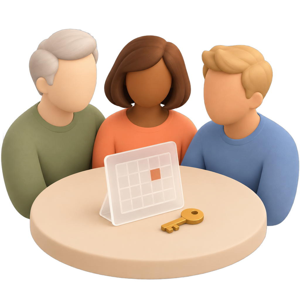 Trois membres d'un conseil autour d'une table, avec un calendrier et une clé.