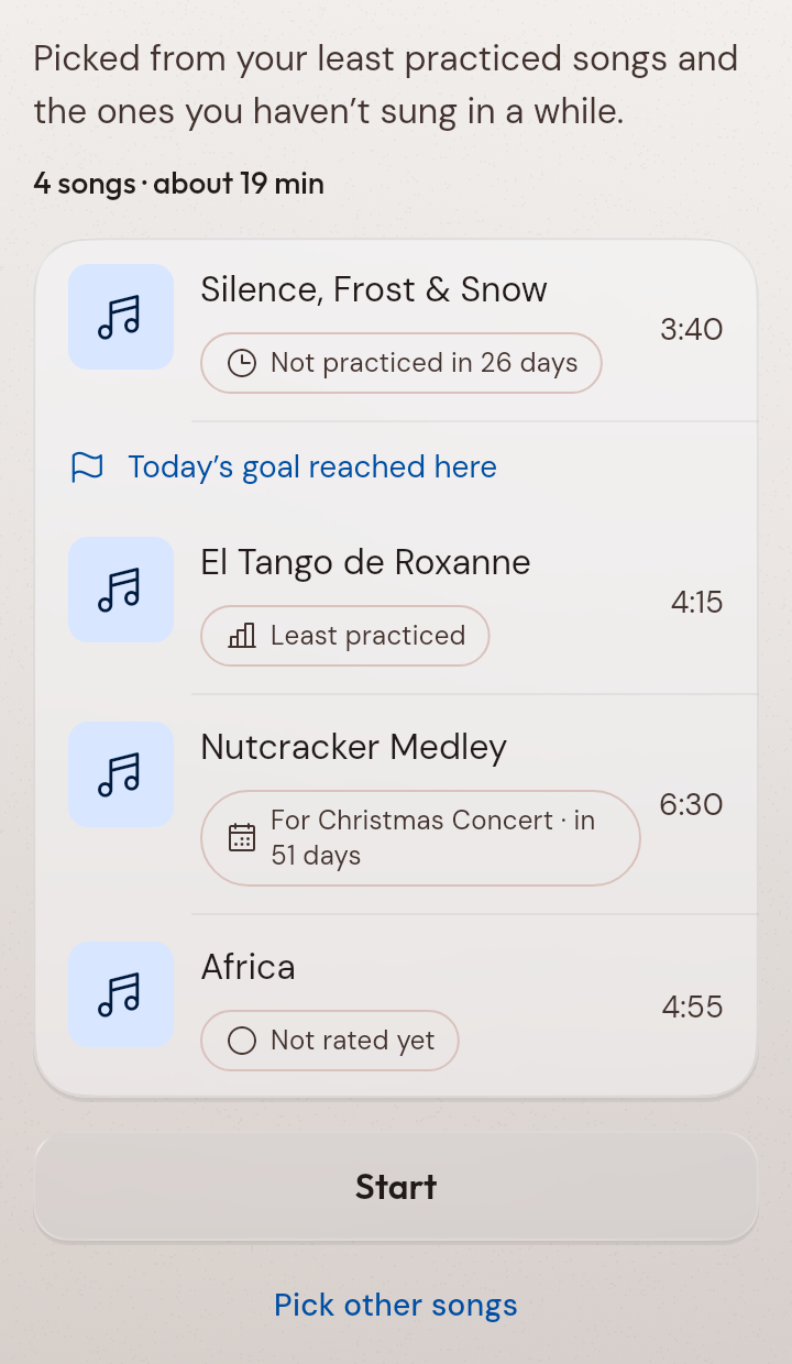 Never wonder what to practise next
