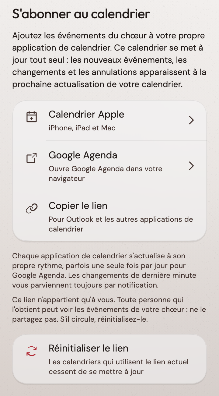Les événements du chœur dans votre calendrier