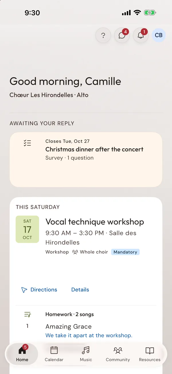 A singer's Home: homework for the next rehearsal, replies owed and announcements.