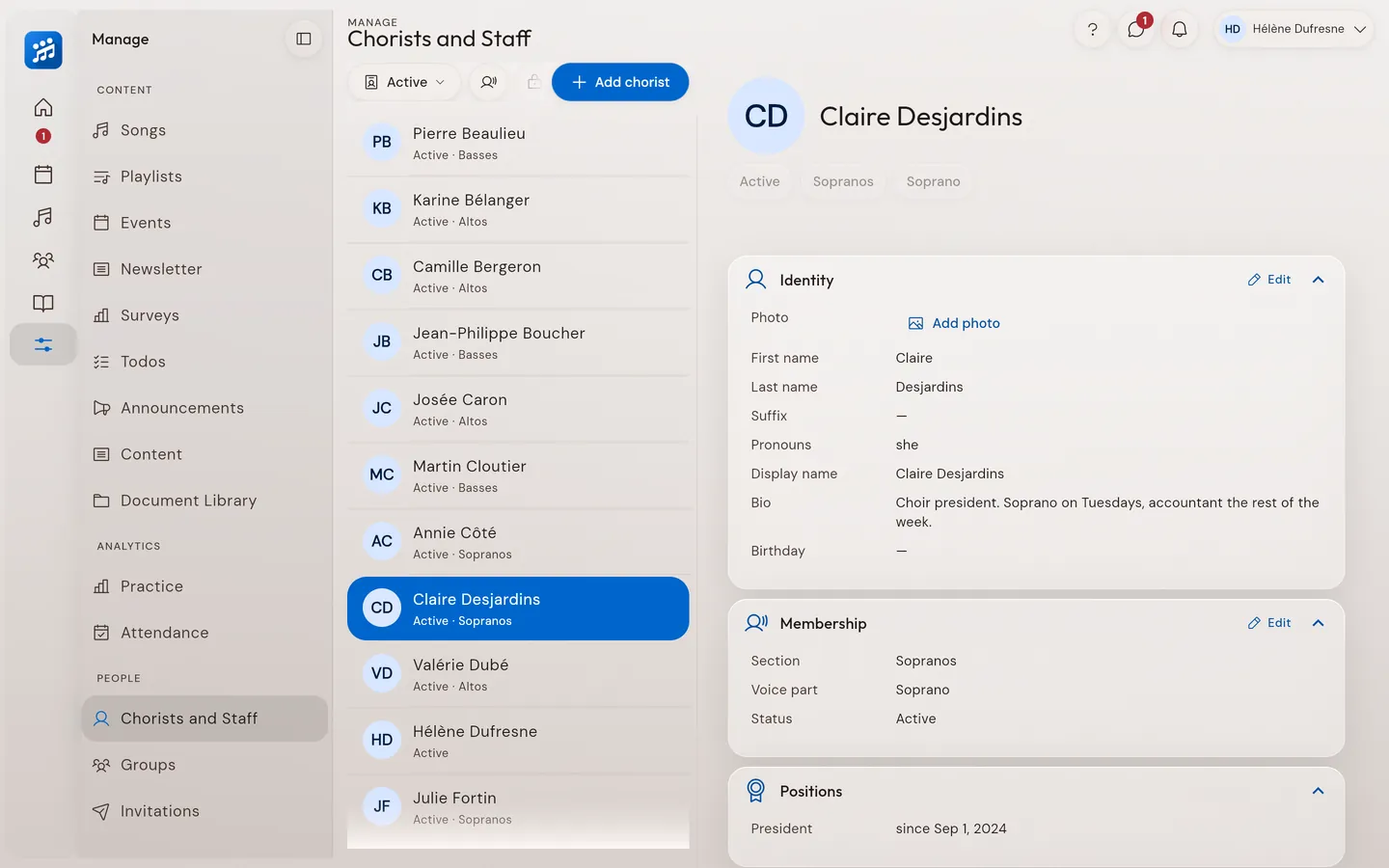 The member list with sections, statuses and positions.