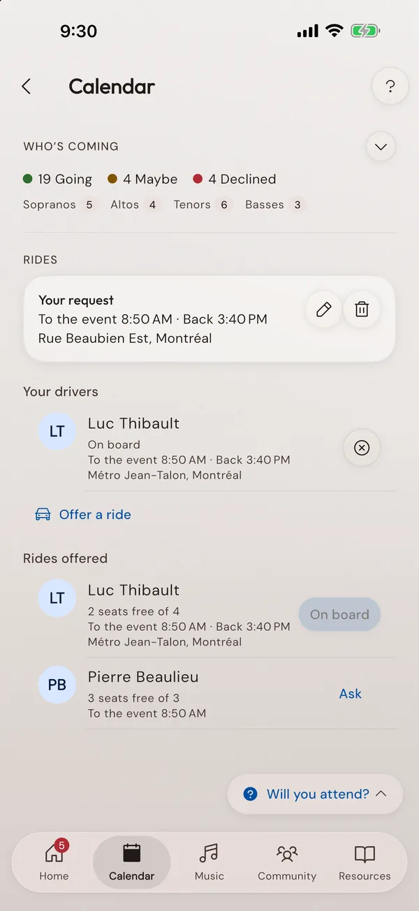 A workshop: who is coming, by section, and ride sharing with the seats offered.