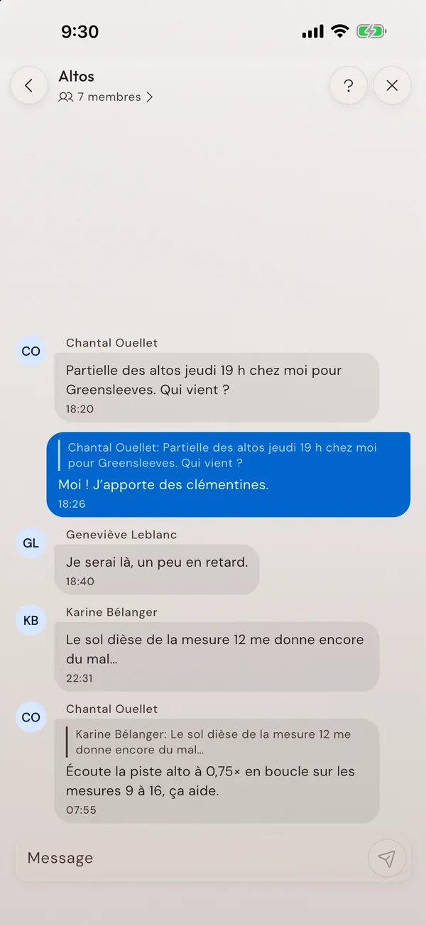 Un fil de la messagerie du chœur.