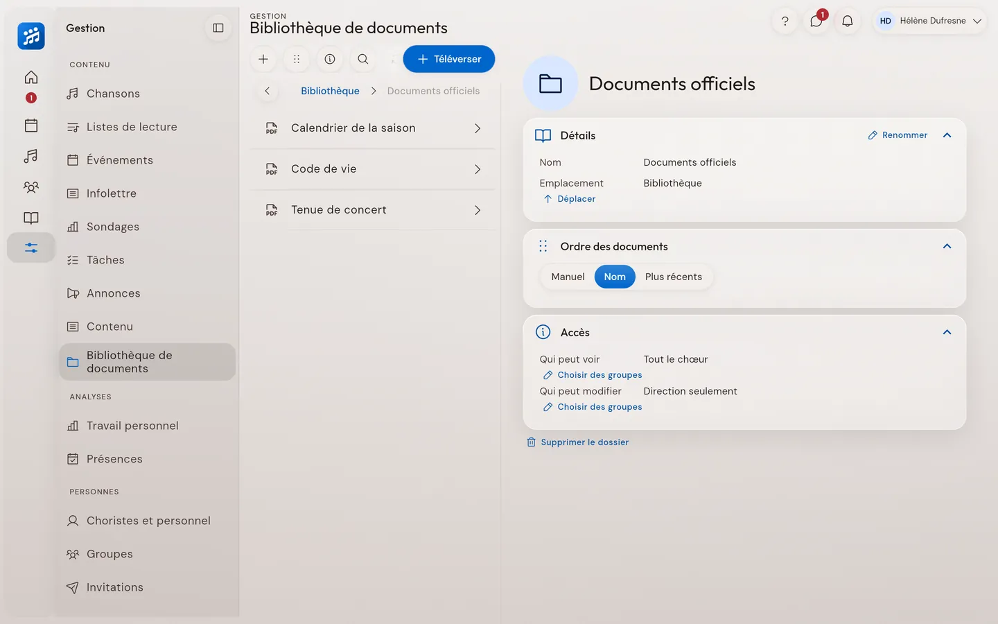 La bibliothèque de documents, avec accès par groupe.