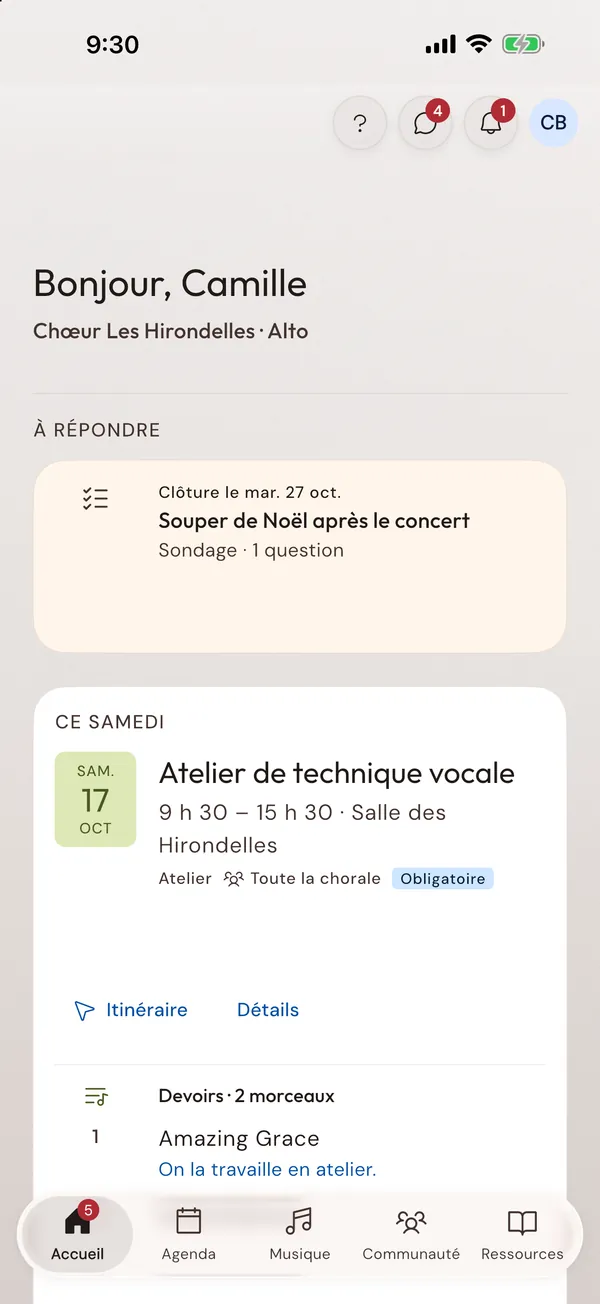 L'accueil d'un choriste : devoirs de la prochaine répétition, réponses attendues et annonces.
