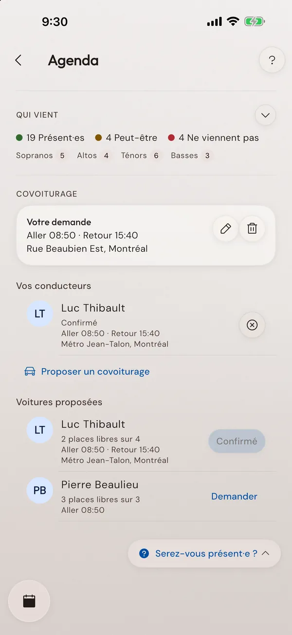 Un atelier : qui vient, par pupitre, et le covoiturage avec les places offertes.