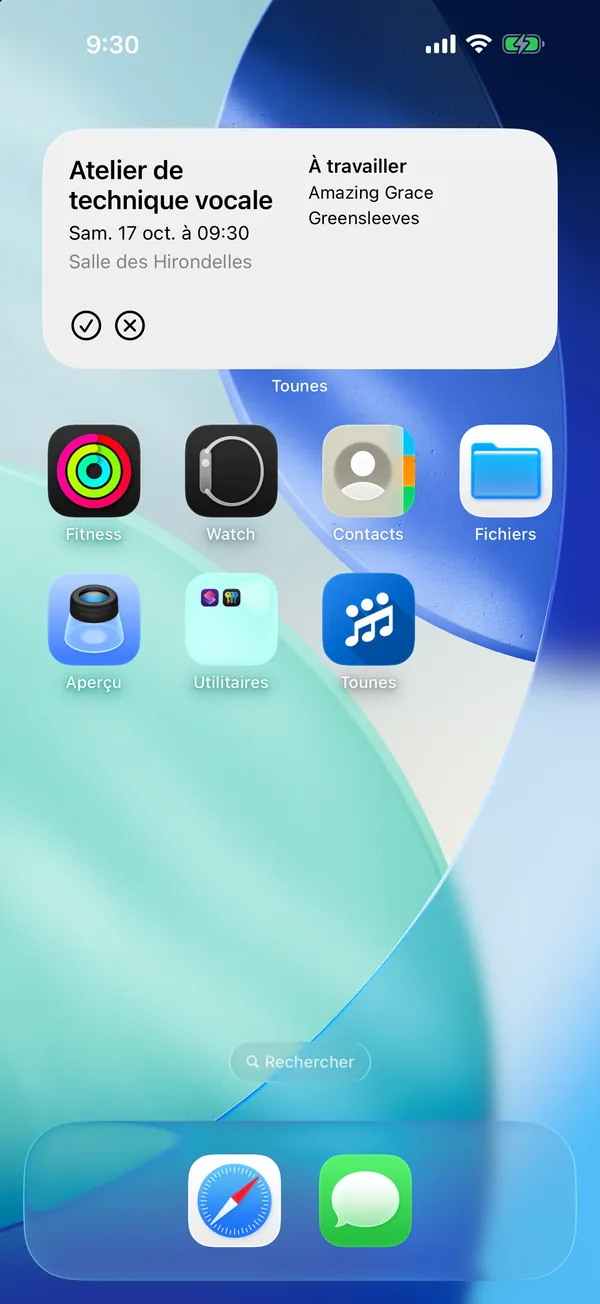 Le widget Tounes sur l'écran d'accueil du téléphone.